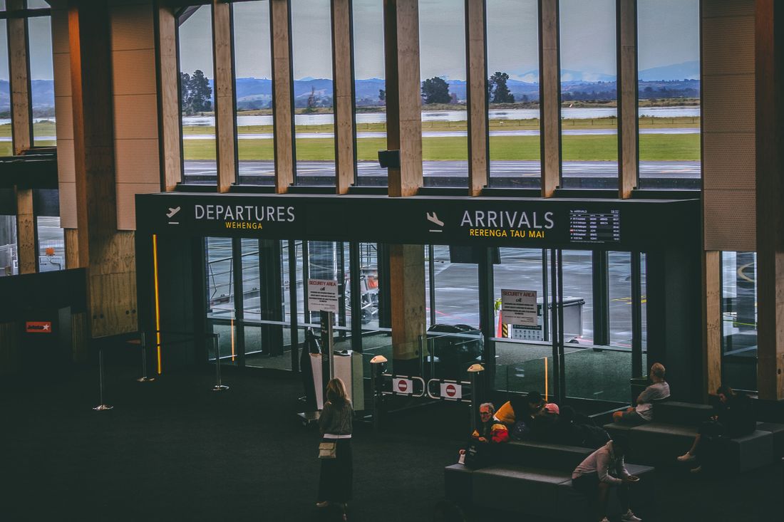 An airport departures and arrivals concourse